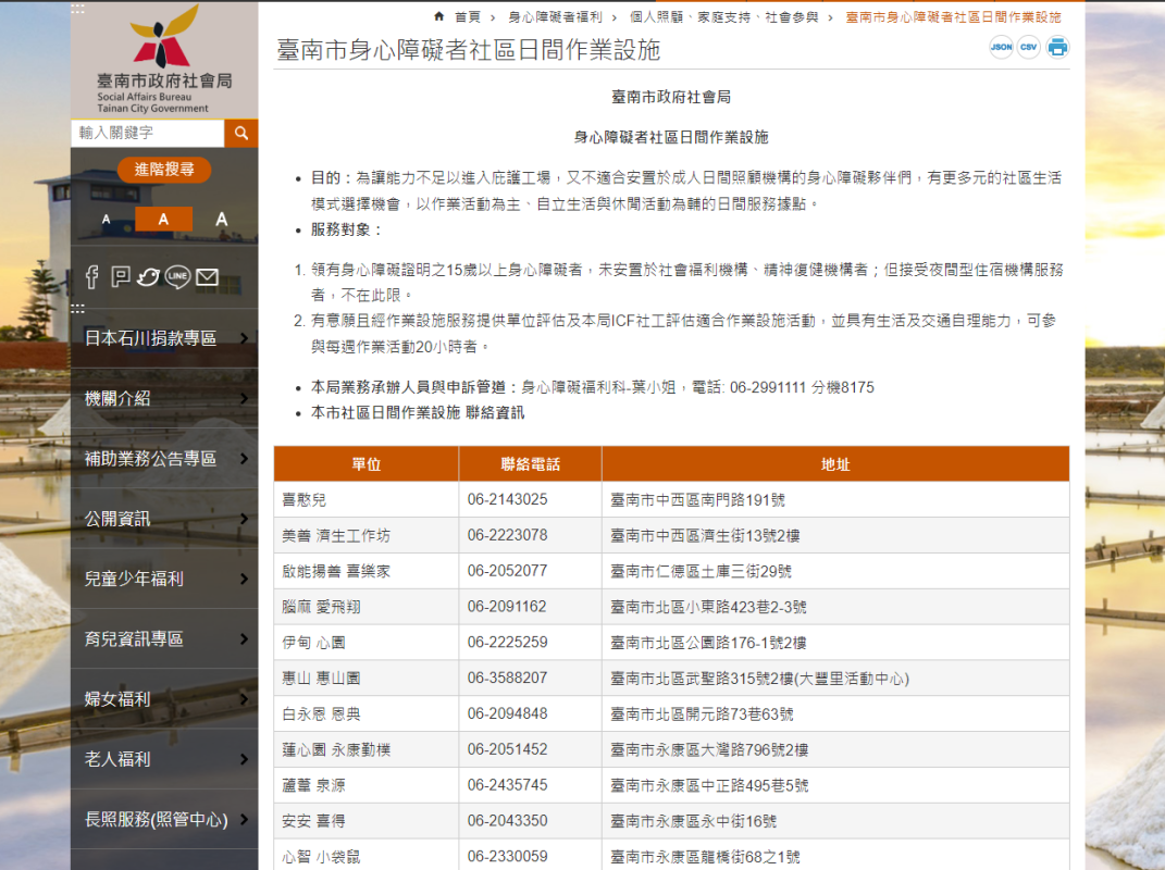 臺南市政府社會局身心障礙者社區日間作業設施 臺南市政府社會局身心障礙者社區日間作業設施